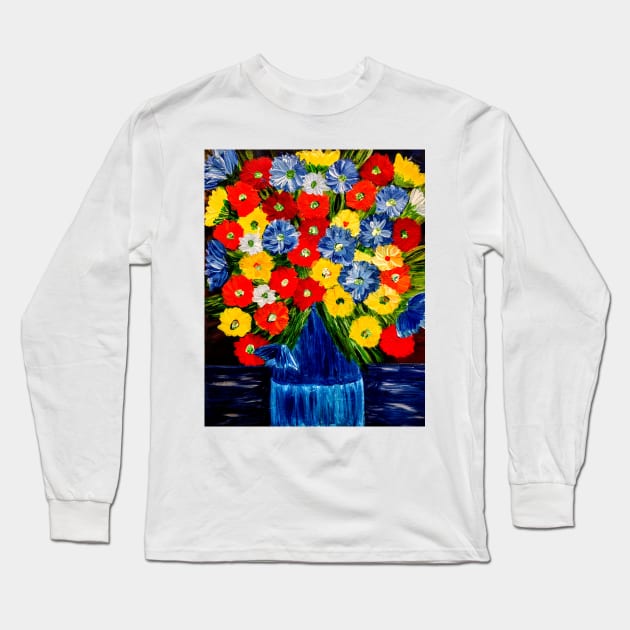 Bright and colorful abstract flowers in a window painting Long Sleeve T-Shirt by kkartwork